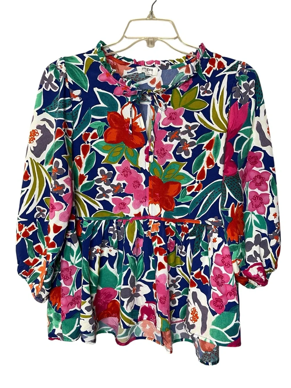 Umgee Navy Multicolor Floral Tie-Neck Peasant Blouse Sz L - Picture 1 of 4